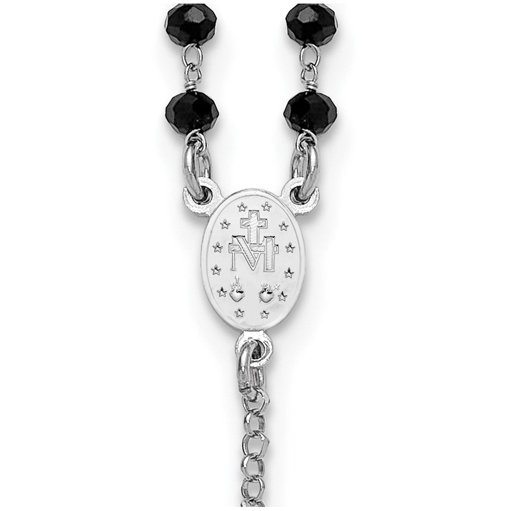Sterling Silver RH-plated Black Crystal 18.5in w/1in ext. Rosary Necklace