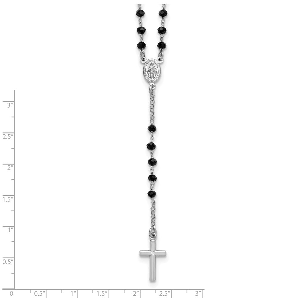 Sterling Silver RH-plated Black Crystal 18.5in w/1in ext. Rosary Necklace