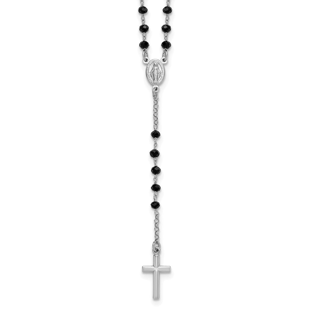 Sterling Silver RH-plated Black Crystal 18.5in w/1in ext. Rosary Necklace