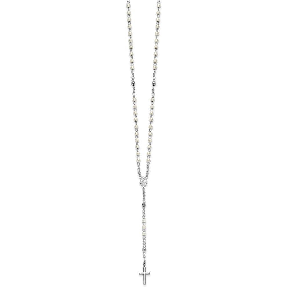 Sterling Silver Rh-plat Plastic Imitation Pearl 19in w/1in ext Rosary Neckl