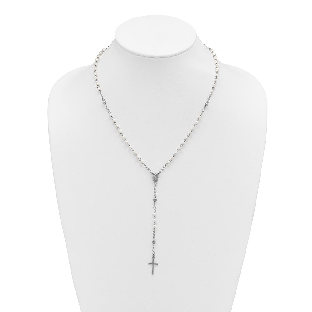Sterling Silver Rh-plat Plastic Imitation Pearl 19in w/1in ext Rosary Neckl
