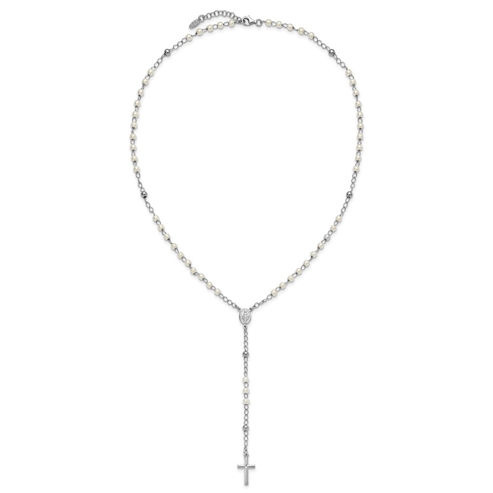 Sterling Silver Rh-plat Plastic Imitation Pearl 19in w/1in ext Rosary Neckl
