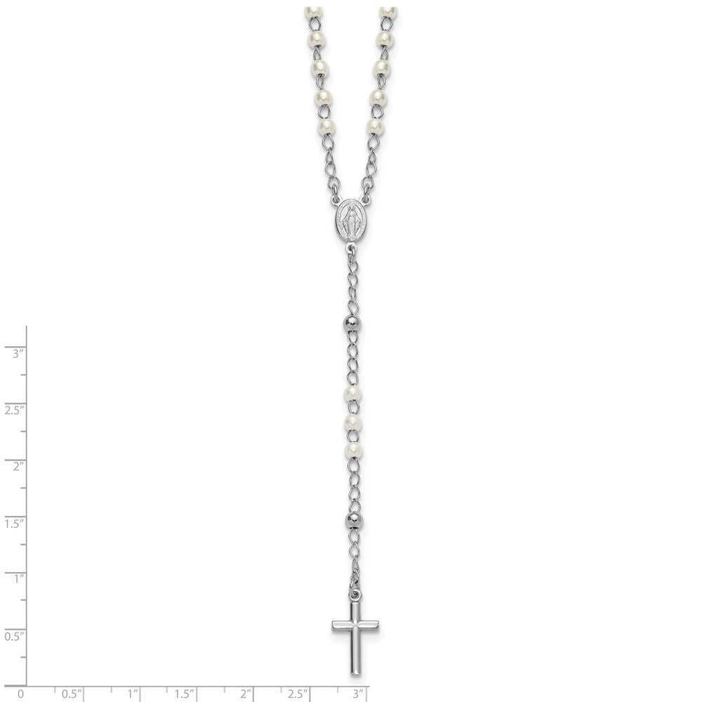 Sterling Silver Rh-plat Plastic Imitation Pearl 19in w/1in ext Rosary Neckl
