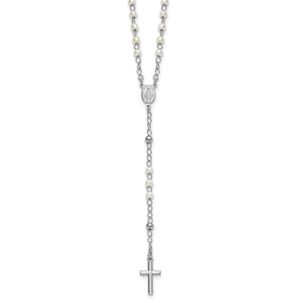 Sterling Silver Rh-plat Plastic Imitation Pearl 19in w/1in ext Rosary Neckl