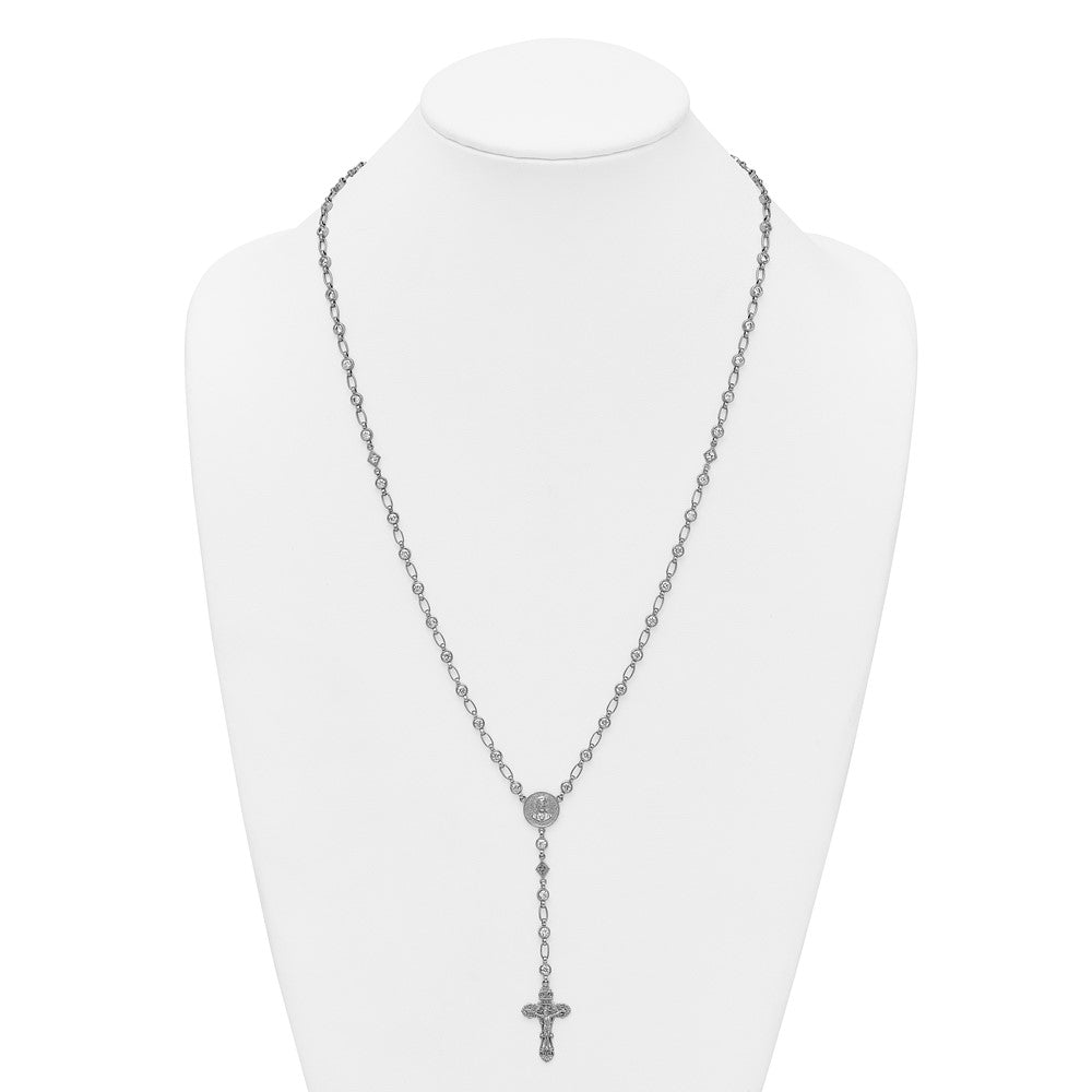 Sterling Silver Rhodium-plated Polished Round CZ 25.25in Rosary Necklace