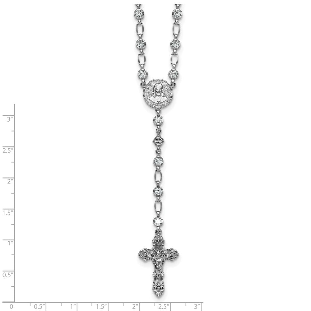 Sterling Silver Rhodium-plated Polished Round CZ 25.25in Rosary Necklace