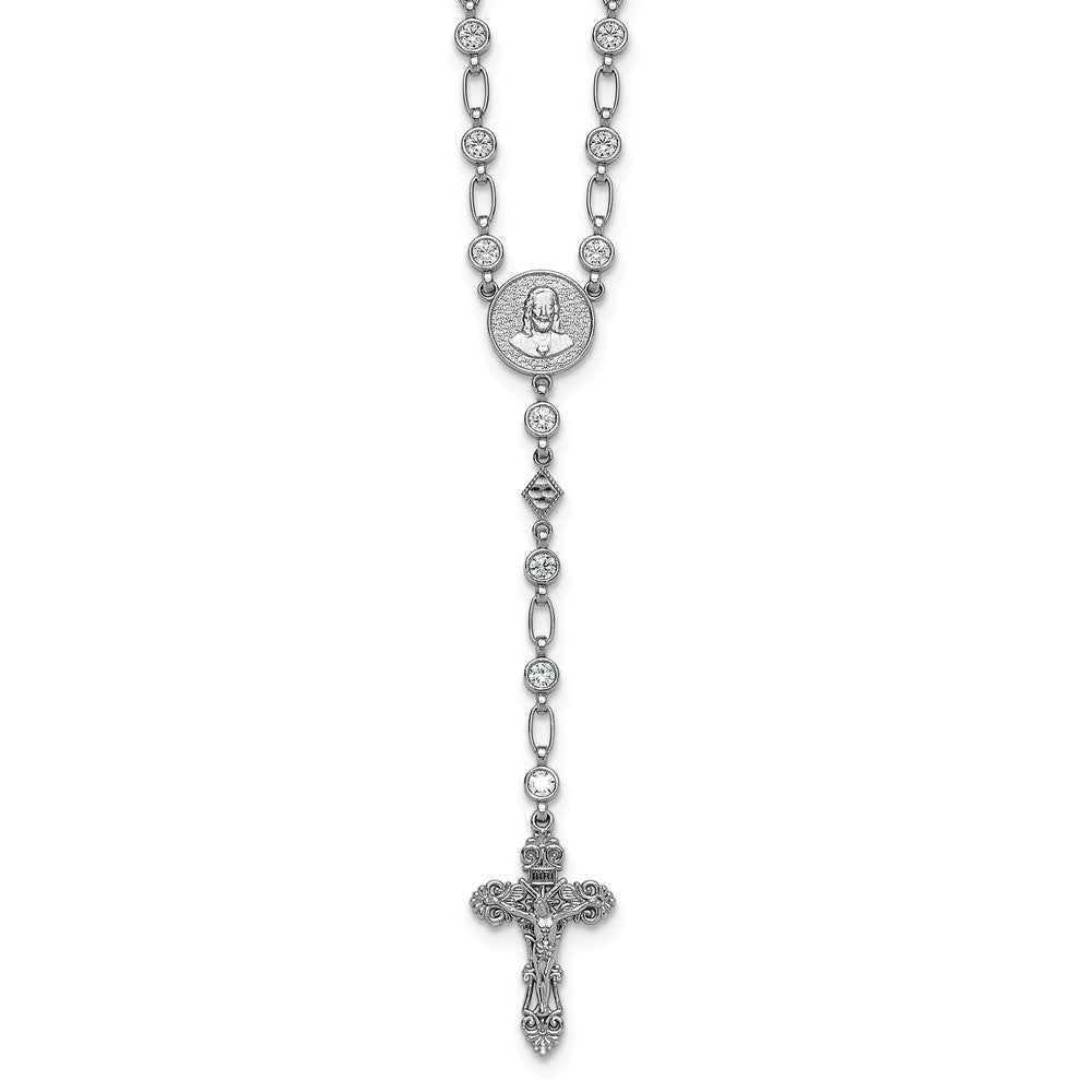 Sterling Silver Rhodium-plated Polished Round CZ 25.25in Rosary Necklace