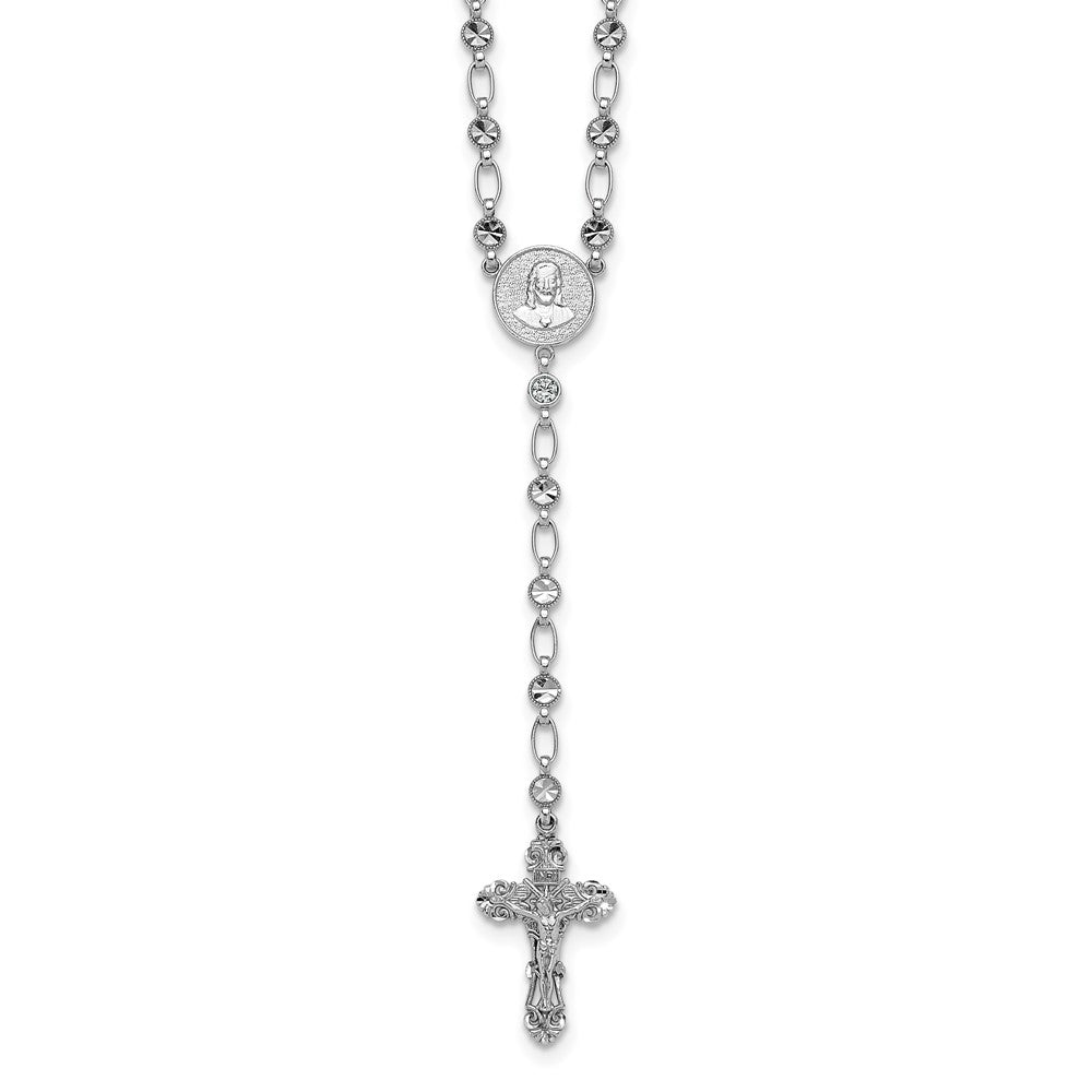 Sterling Silver Rhodium-plated Polished CZ 25.5in Rosary Necklace