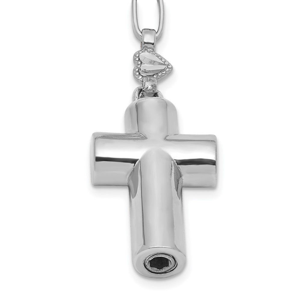 Sterling Silver RH-plated CZ 26.5in Heart Link Cross Ash Holder Necklace