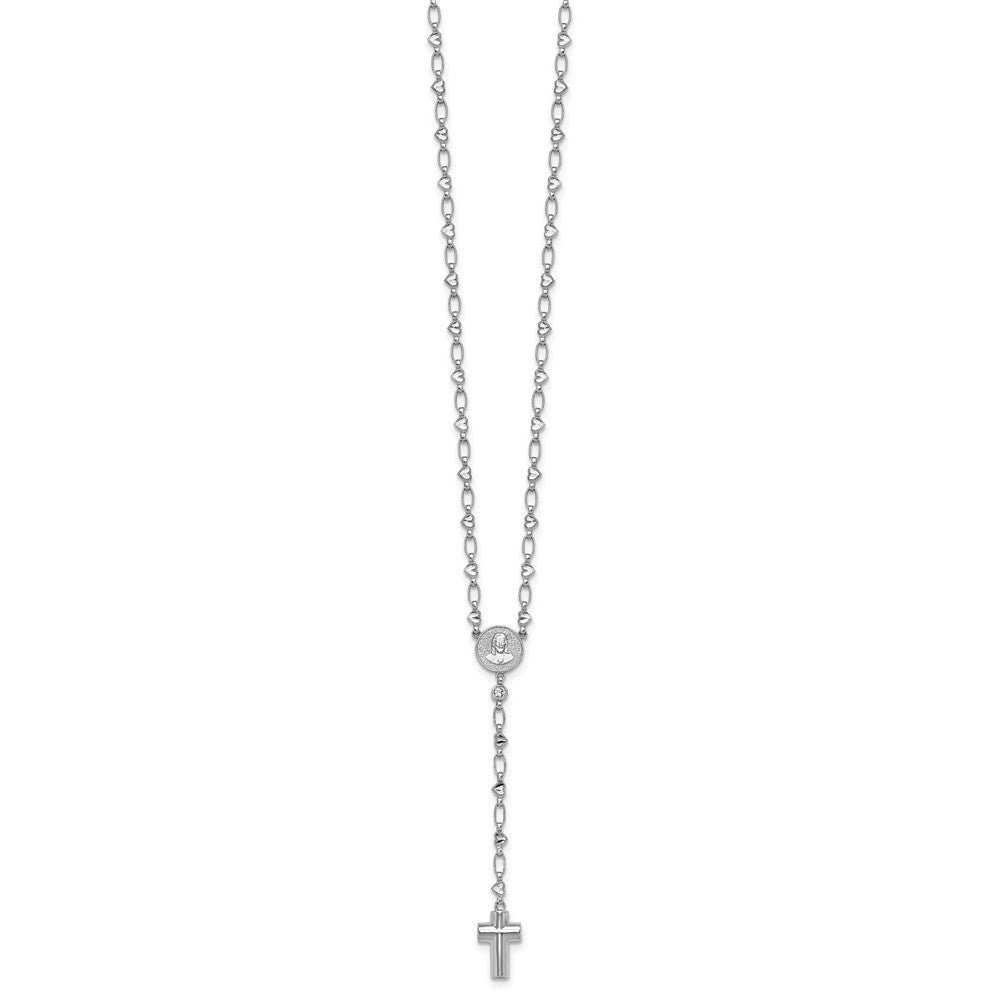 Sterling Silver RH-plated CZ 26.5in Heart Link Cross Ash Holder Necklace