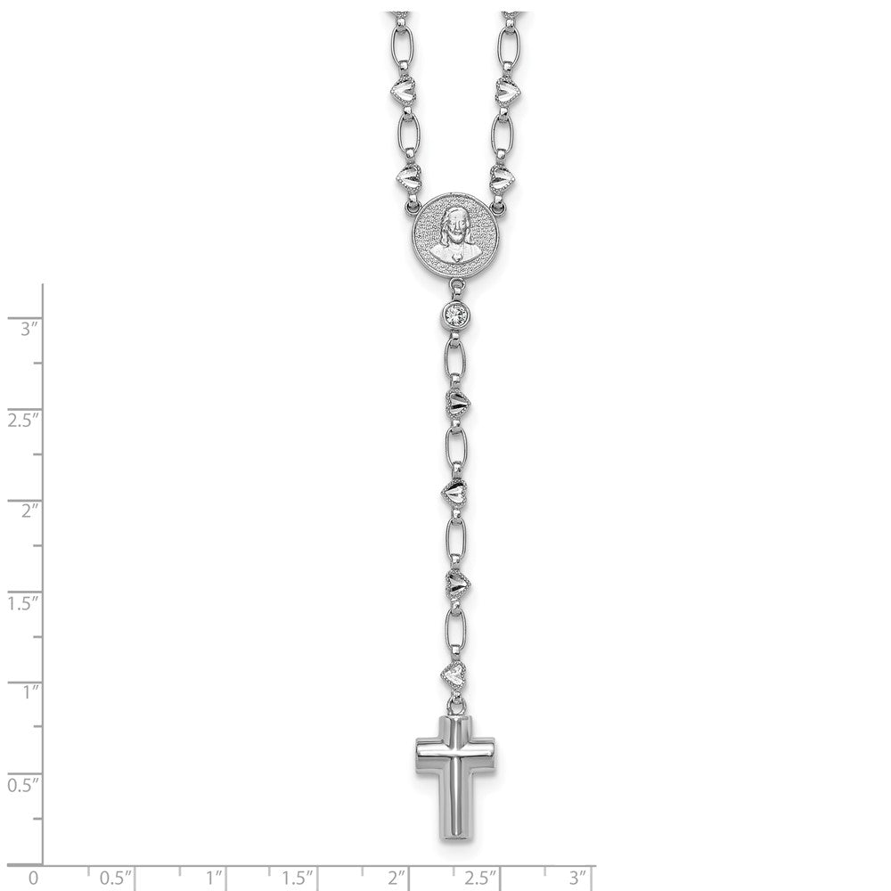 Sterling Silver RH-plated CZ 26.5in Heart Link Cross Ash Holder Necklace