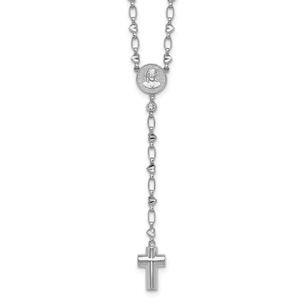 Sterling Silver RH-plated CZ 26.5in Heart Link Cross Ash Holder Necklace