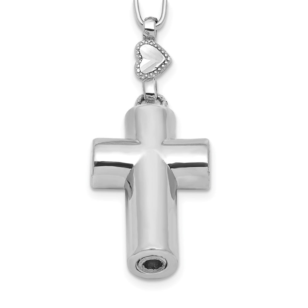 Sterling Silver RH-plated CZ 28.5in Hrt/Cross Link Cross Ash Holder Necklac