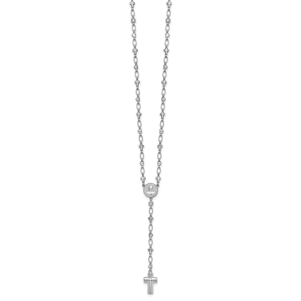 Sterling Silver RH-plated CZ 28.5in Hrt/Cross Link Cross Ash Holder Necklac