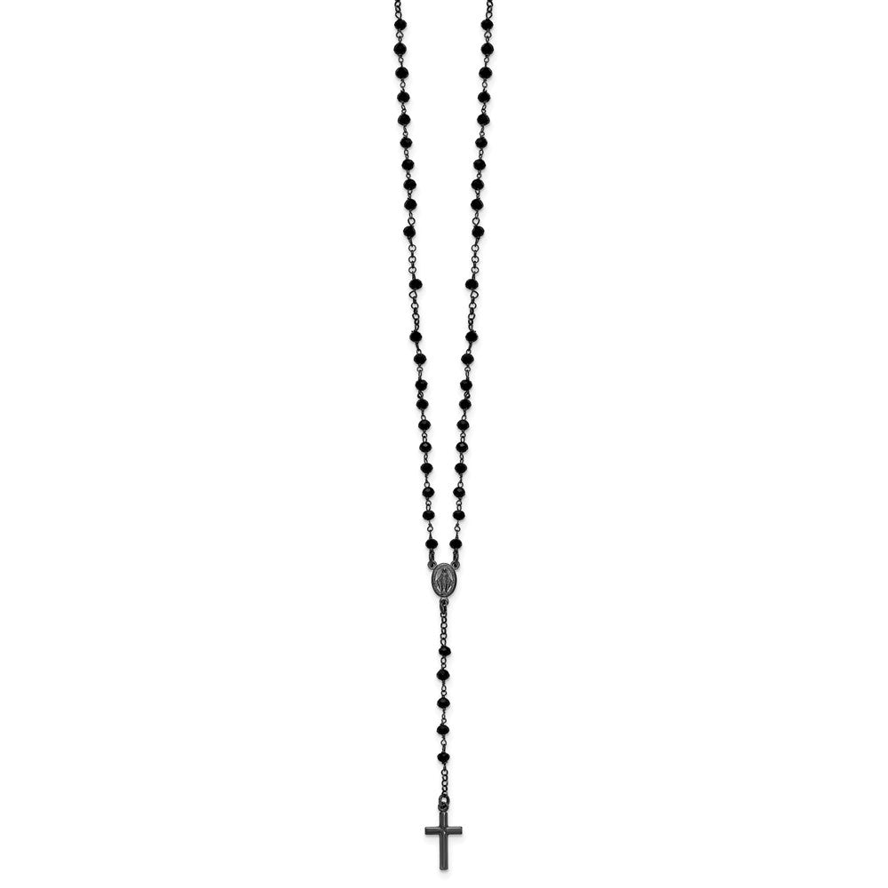 Sterling Silver Black Rh-plated Crystal w/ . ext. Rosary Necklace