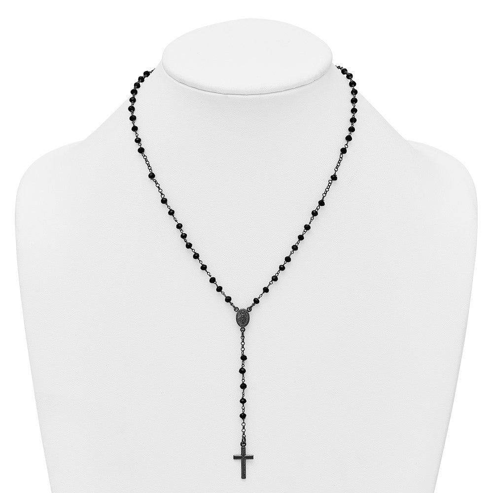 Sterling Silver Black Rh-plated Crystal w/ . ext. Rosary Necklace