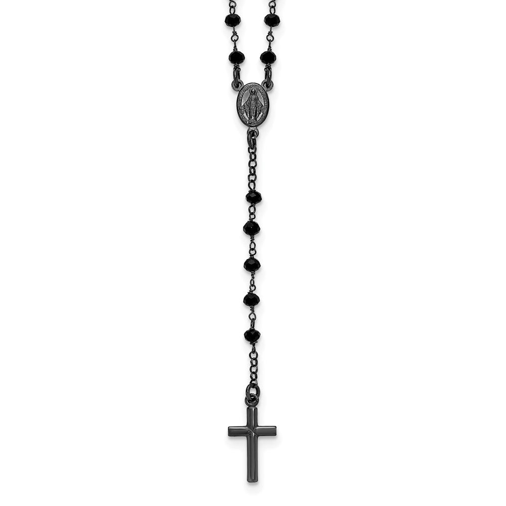 Sterling Silver Black Rh-plated Crystal w/ . ext. Rosary Necklace