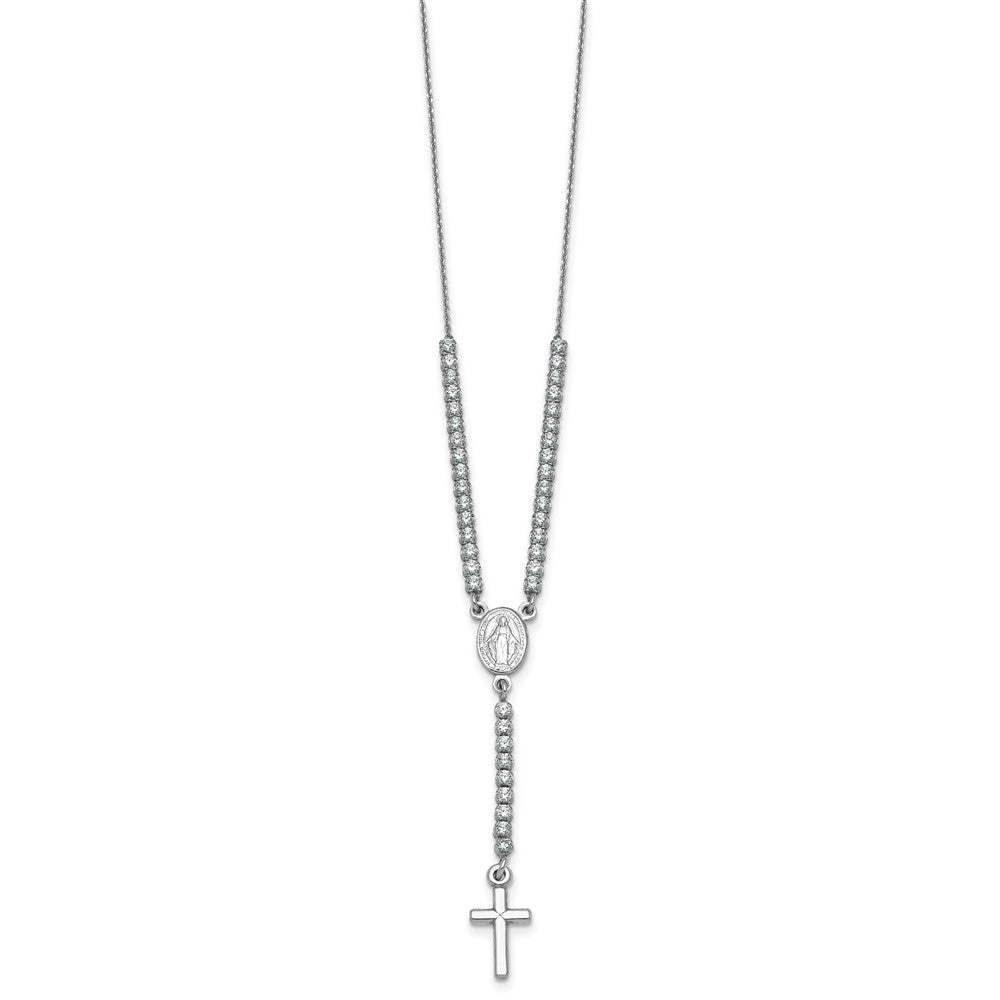 Sterling Silver Rh-plated Polished CZ with ext. Rosary Necklace