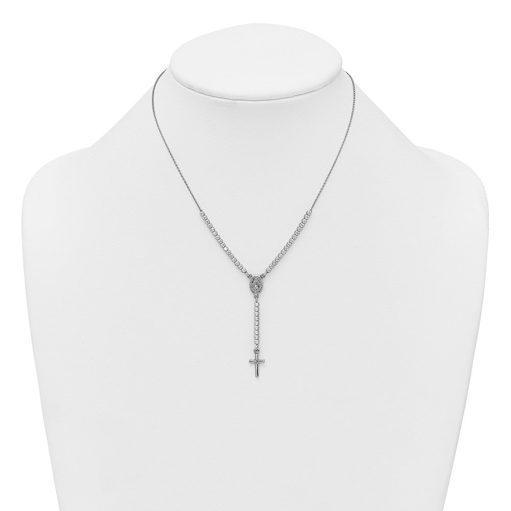 Sterling Silver Rh-plated Polished CZ with ext. Rosary Necklace