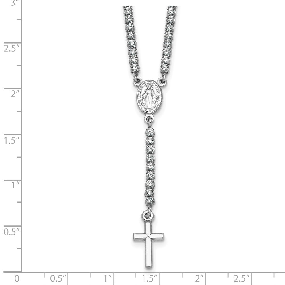Sterling Silver Rh-plated Polished CZ with ext. Rosary Necklace