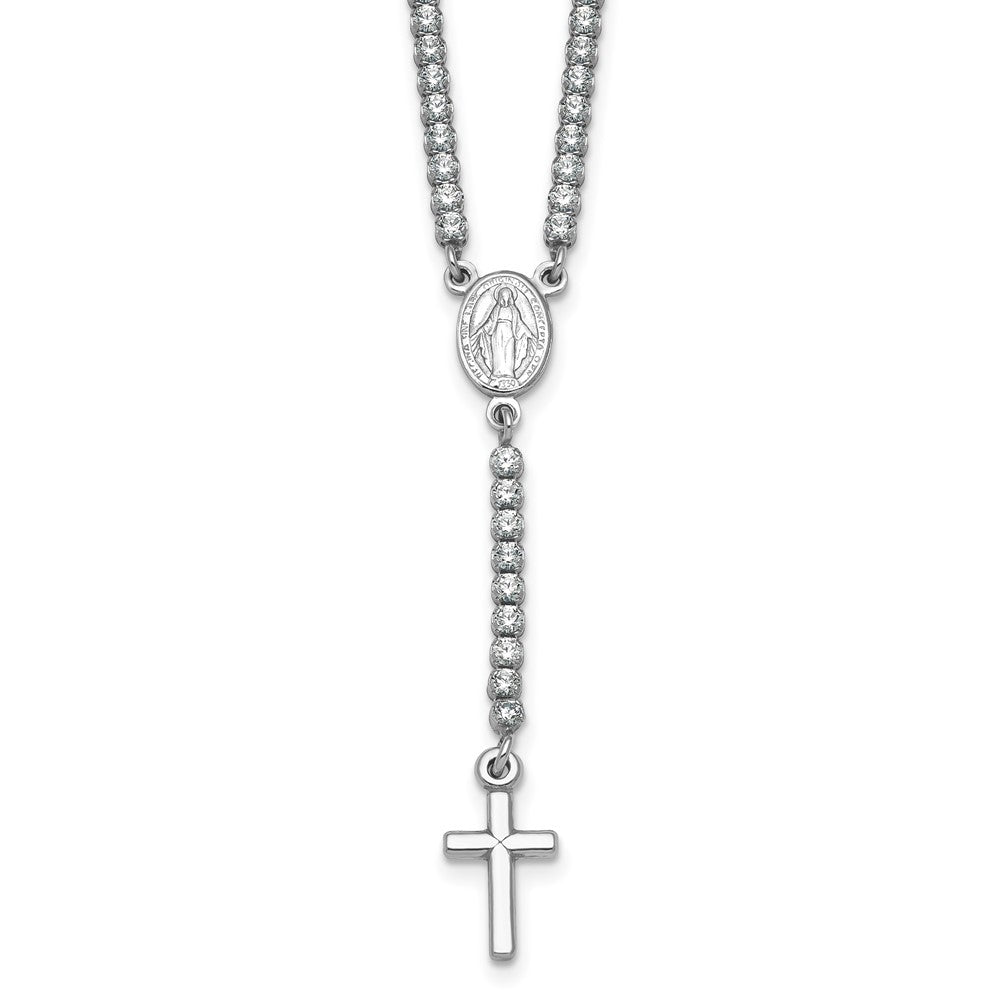 Sterling Silver Rh-plated Polished CZ with ext. Rosary Necklace