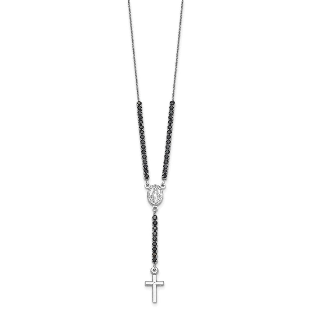 Sterling Silver Rh-plat Polished Blk CZ with ext. Rosary Necklac
