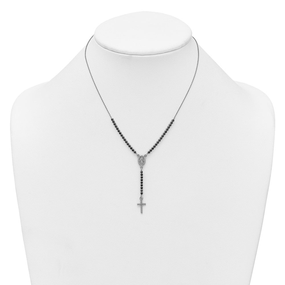 Sterling Silver Rh-plat Polished Blk CZ with ext. Rosary Necklac