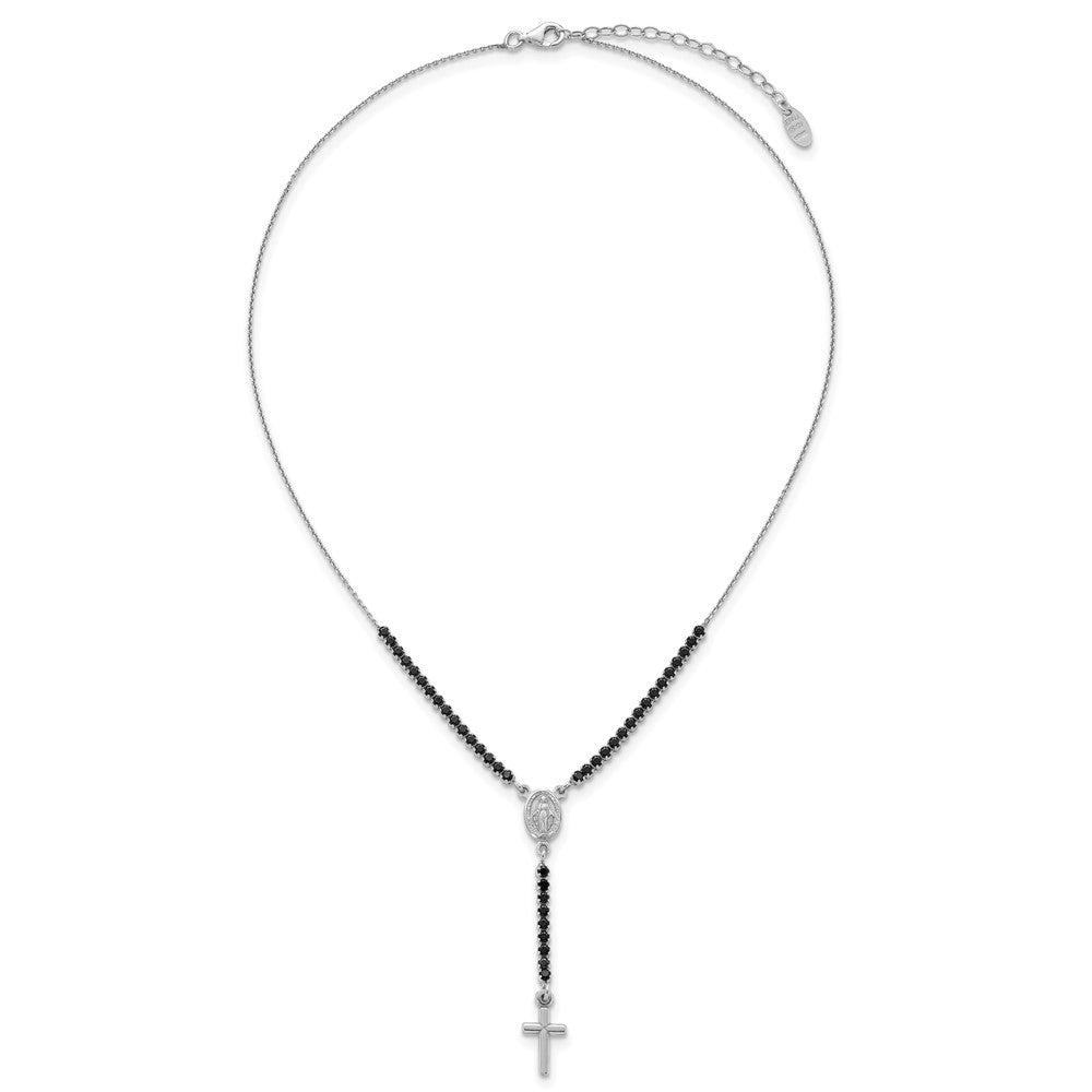 Sterling Silver Rh-plat Polished Blk CZ with ext. Rosary Necklac
