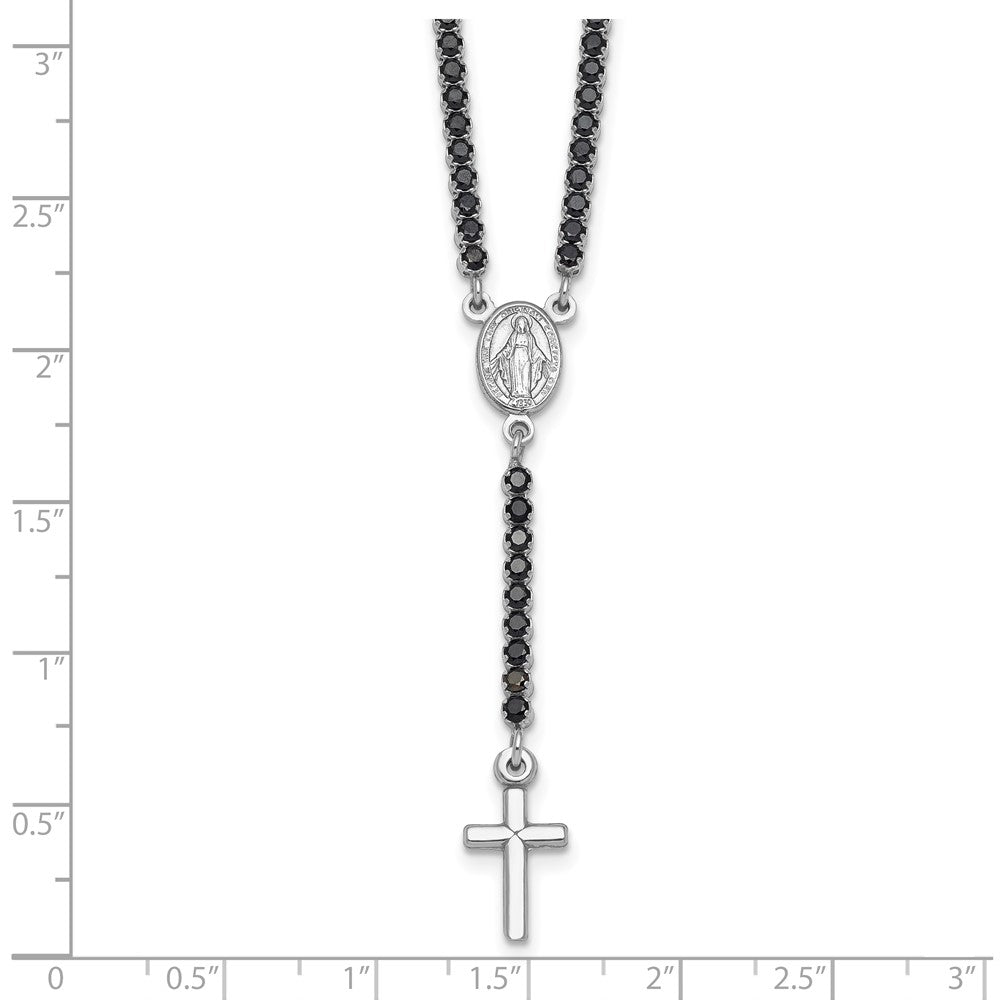Sterling Silver Rh-plat Polished Blk CZ with ext. Rosary Necklac