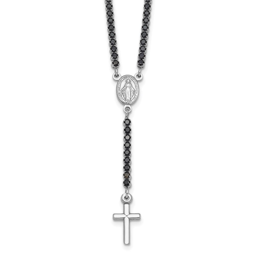 Sterling Silver Rh-plat Polished Blk CZ with ext. Rosary Necklac