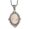 Sterling Silver Antiqued Pink Resin Cameo w/Crystal Necklace
