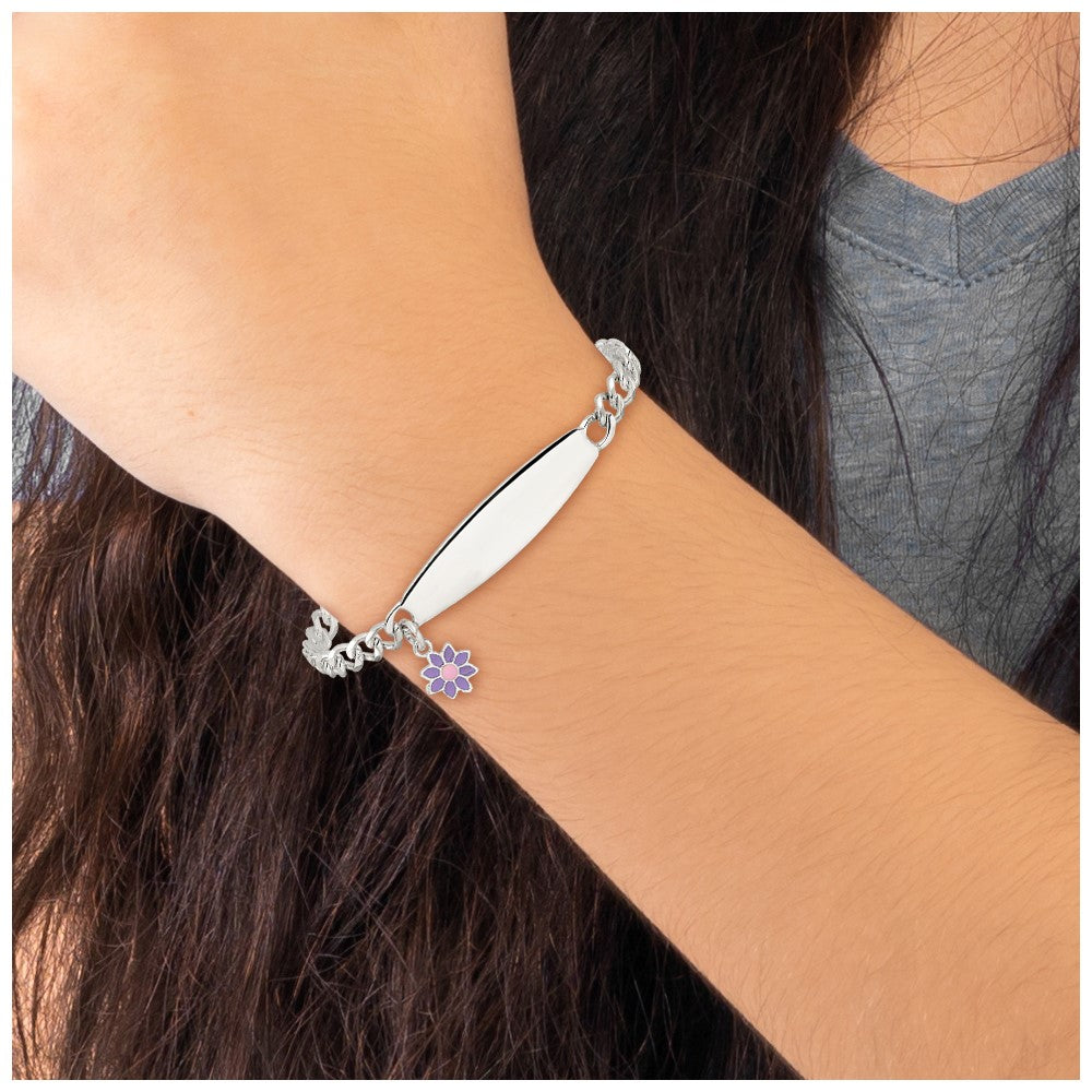 Sterling Silver Polished Enameled Flower Children's ID Bracelet