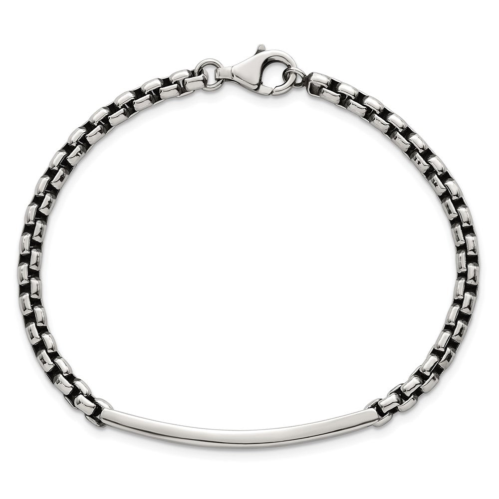 Sterling Silver Antiqued Round Box Chain 8 Inch Men's ID/Bar Bracelet