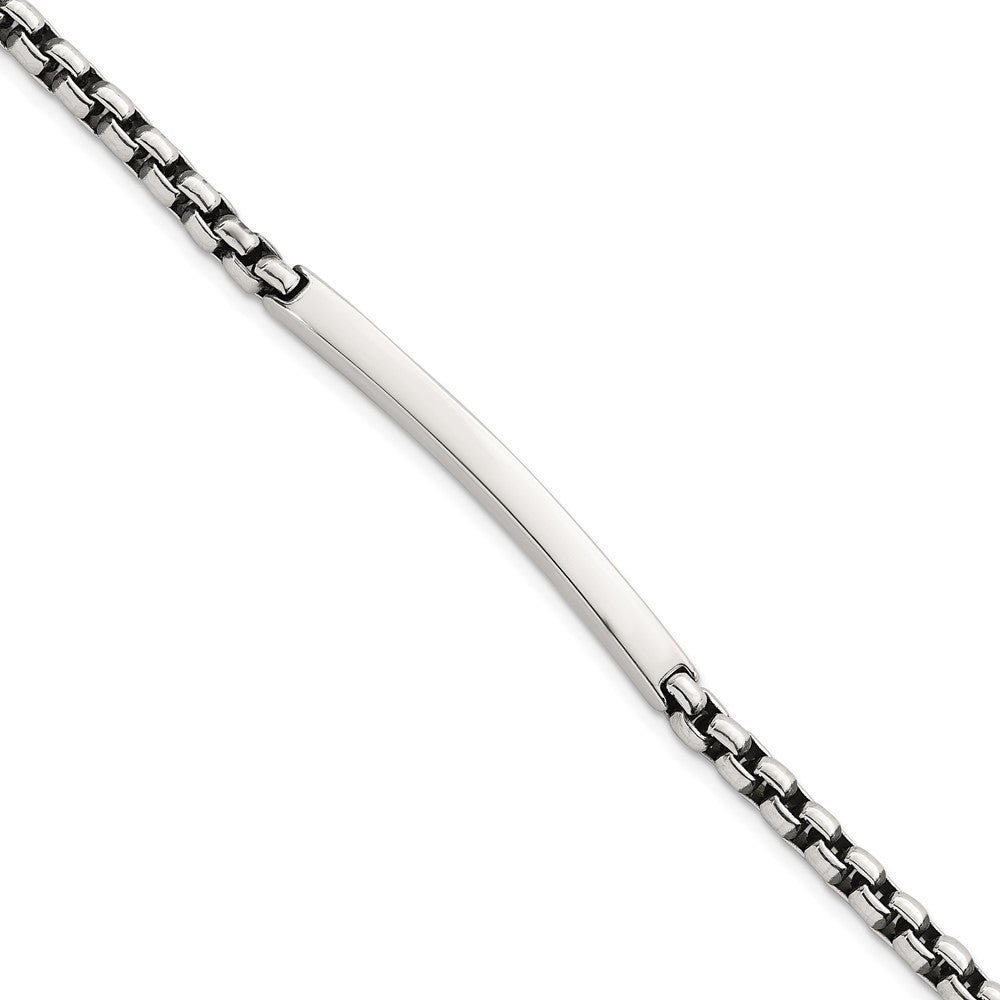 Sterling Silver Antiqued Round Box Chain 8 Inch Men's ID/Bar Bracelet