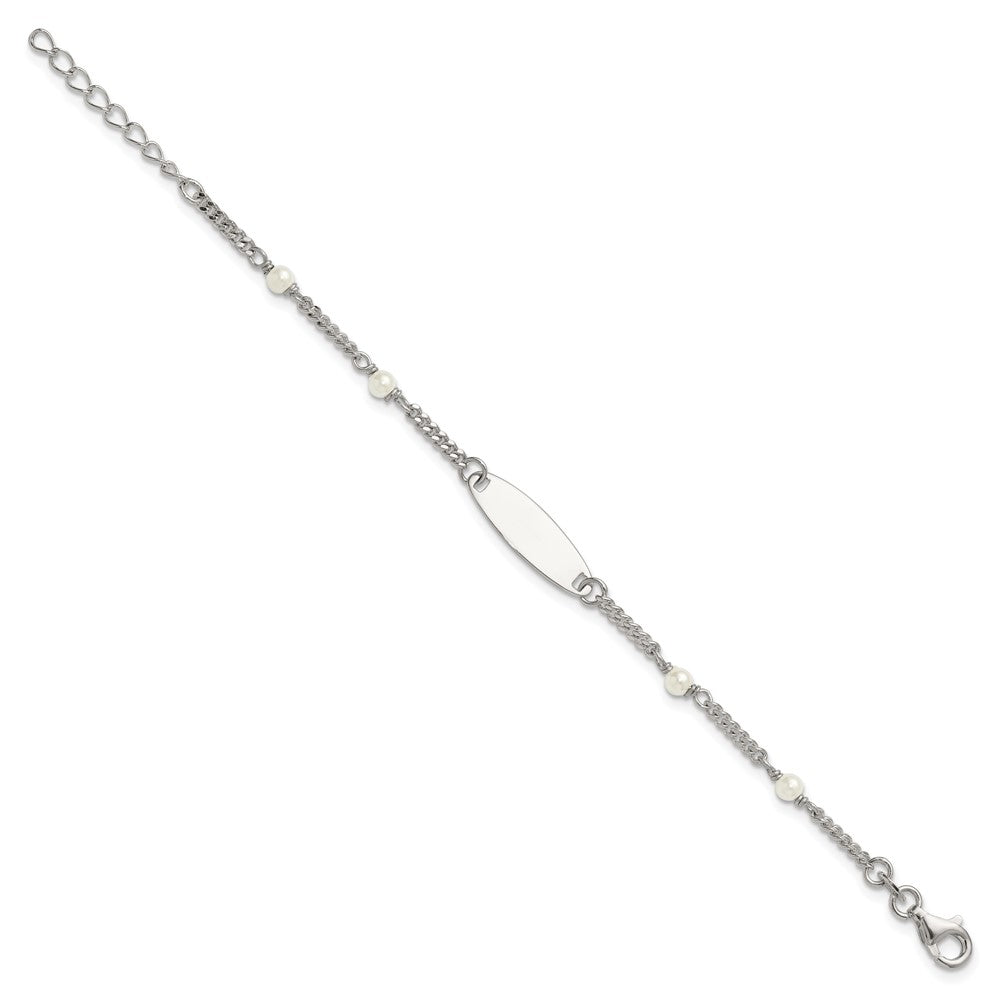 SS Polished Curb Link and Acrylic Pearl 5in w/1in Ext Childrens ID Bracelet