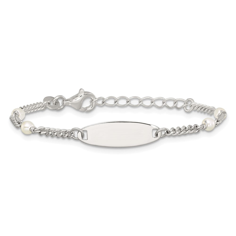 SS Polished Curb Link and Acrylic Pearl 5in w/1in Ext Childrens ID Bracelet