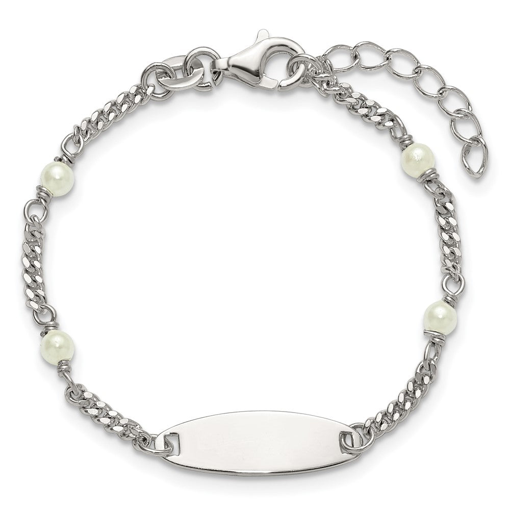 SS Polished Curb Link and Acrylic Pearl 5in w/1in Ext Childrens ID Bracelet