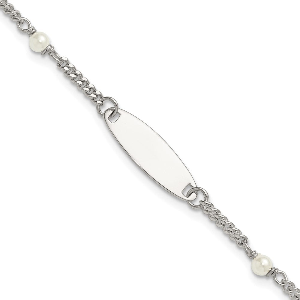 SS Polished Curb Link and Acrylic Pearl 5in w/1in Ext Childrens ID Bracelet