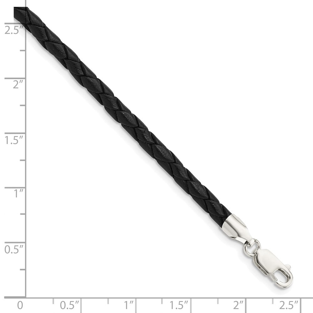 Sterling Silver 4mm Black Leather Braided Necklace