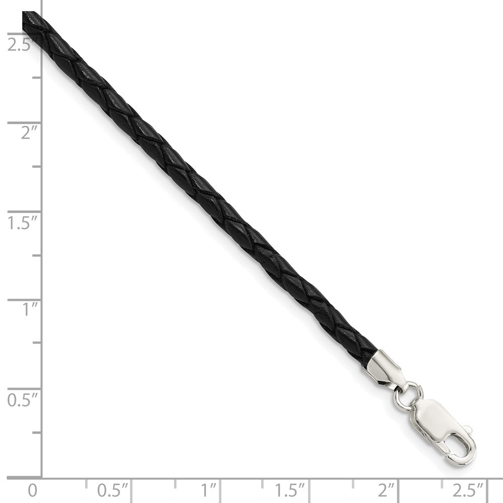 Sterling Silver 3mm Black Leather Braided Necklace