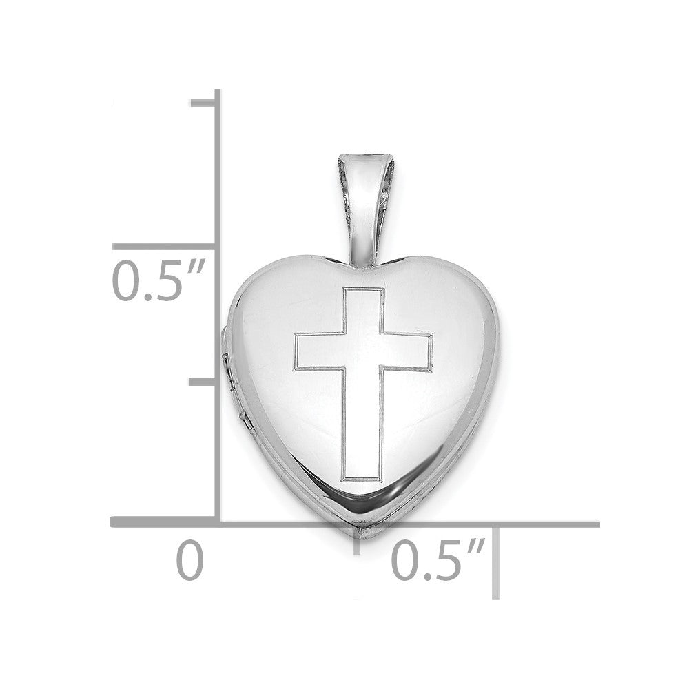 Sterling Silver Rhodium-plated Polished Cross 12mm Heart Locket