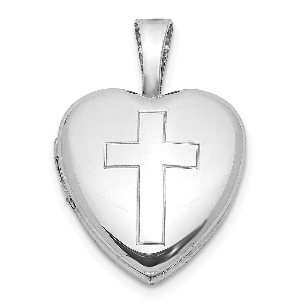 Sterling Silver Rhodium-plated Polished Cross 12mm Heart Locket