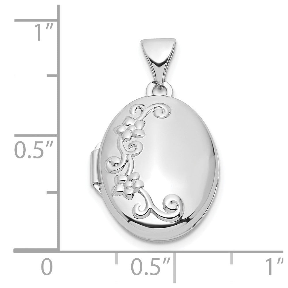 Sterling Silver Rhodium-plated Floral 17mm Oval Locket