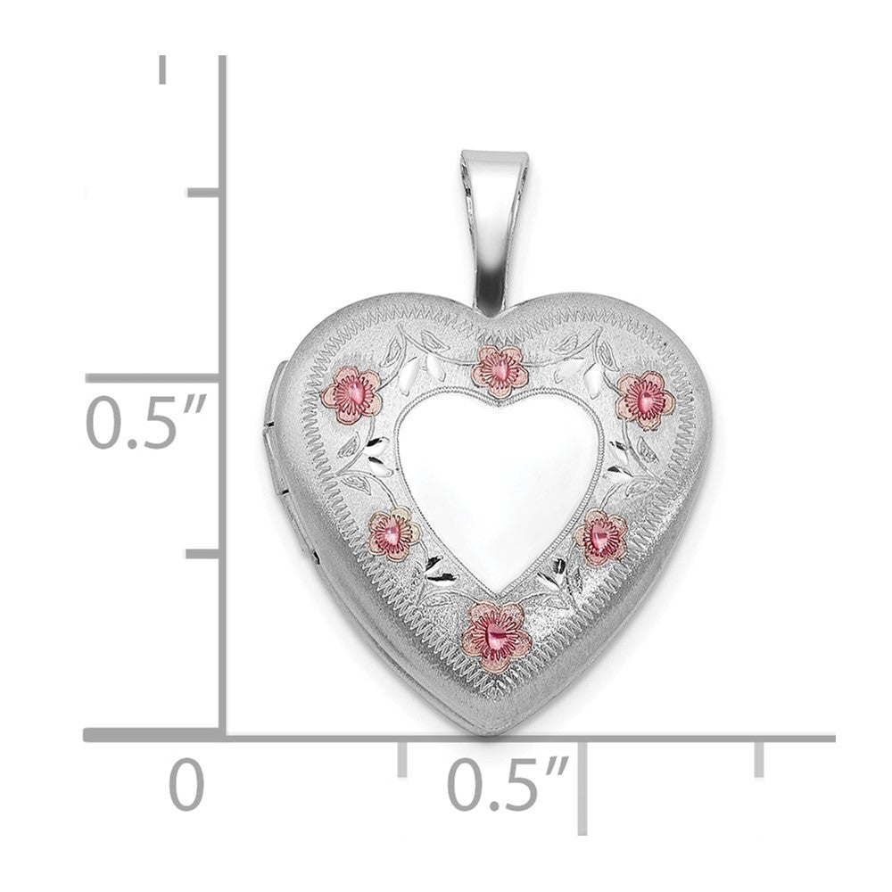 Sterling Silver RH-plated Polished / Satin Epoxy 16mm Floral Heart Locket