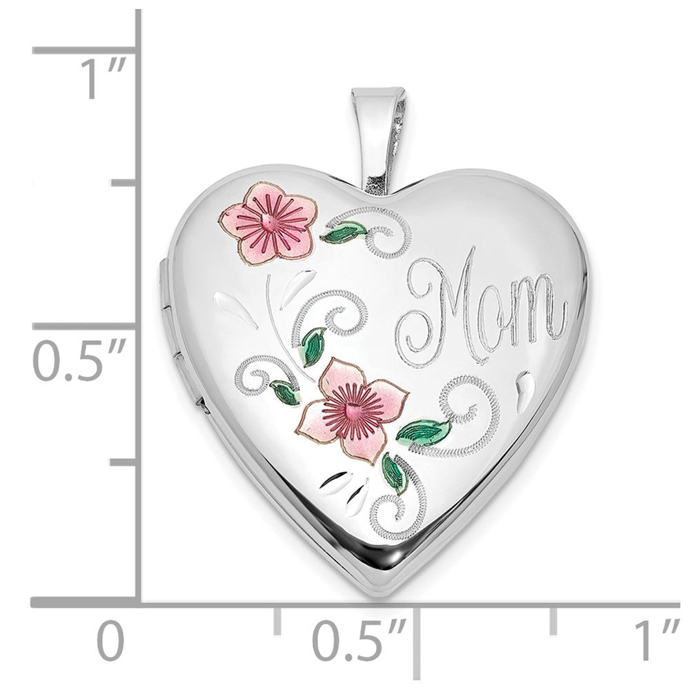 Sterling Silver Rhodium-plated Epoxy 20mm Floral Mom Heart Locket