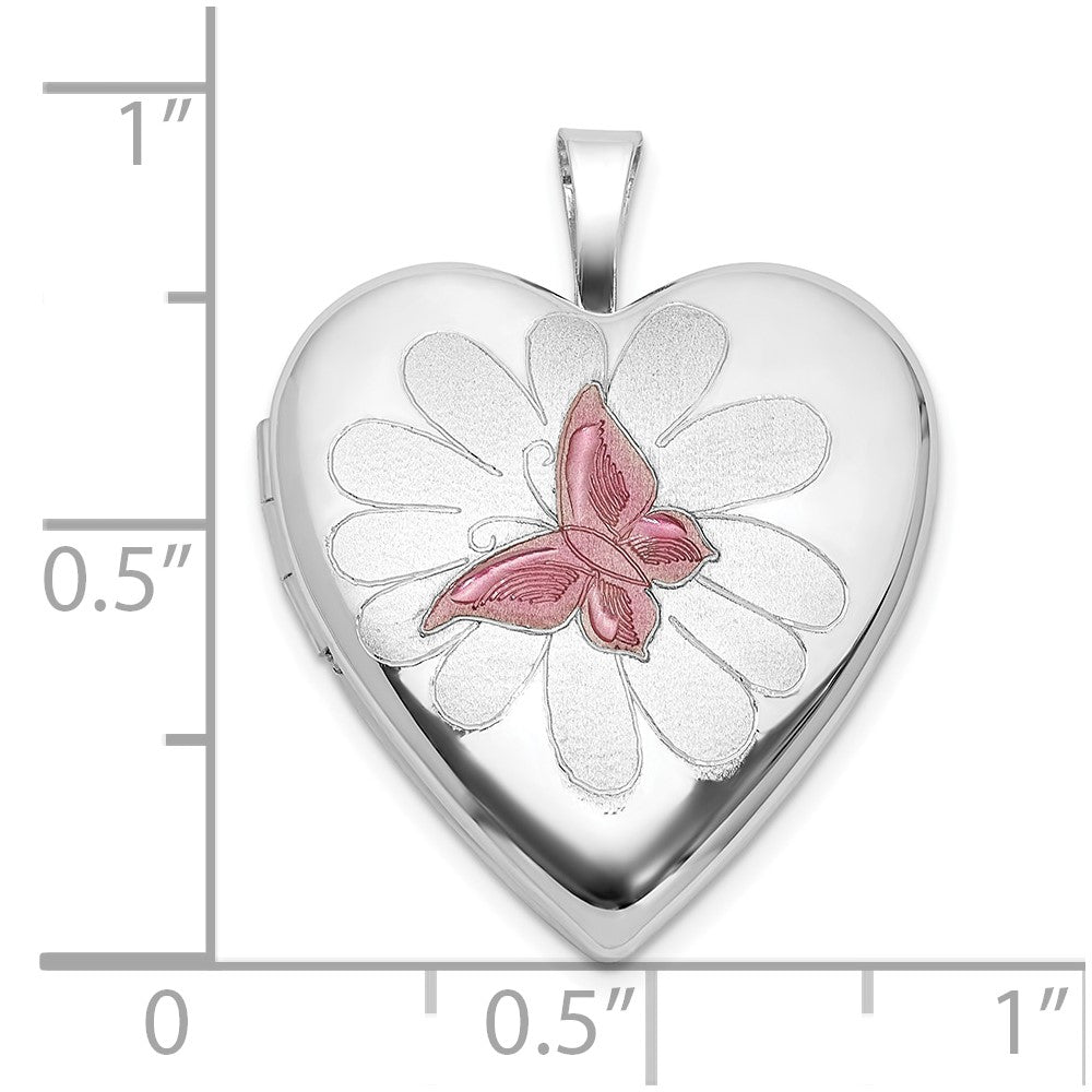 Sterling Silver RH-plate Polished/Satin Epoxy 20mm Butterfly Heart Locket
