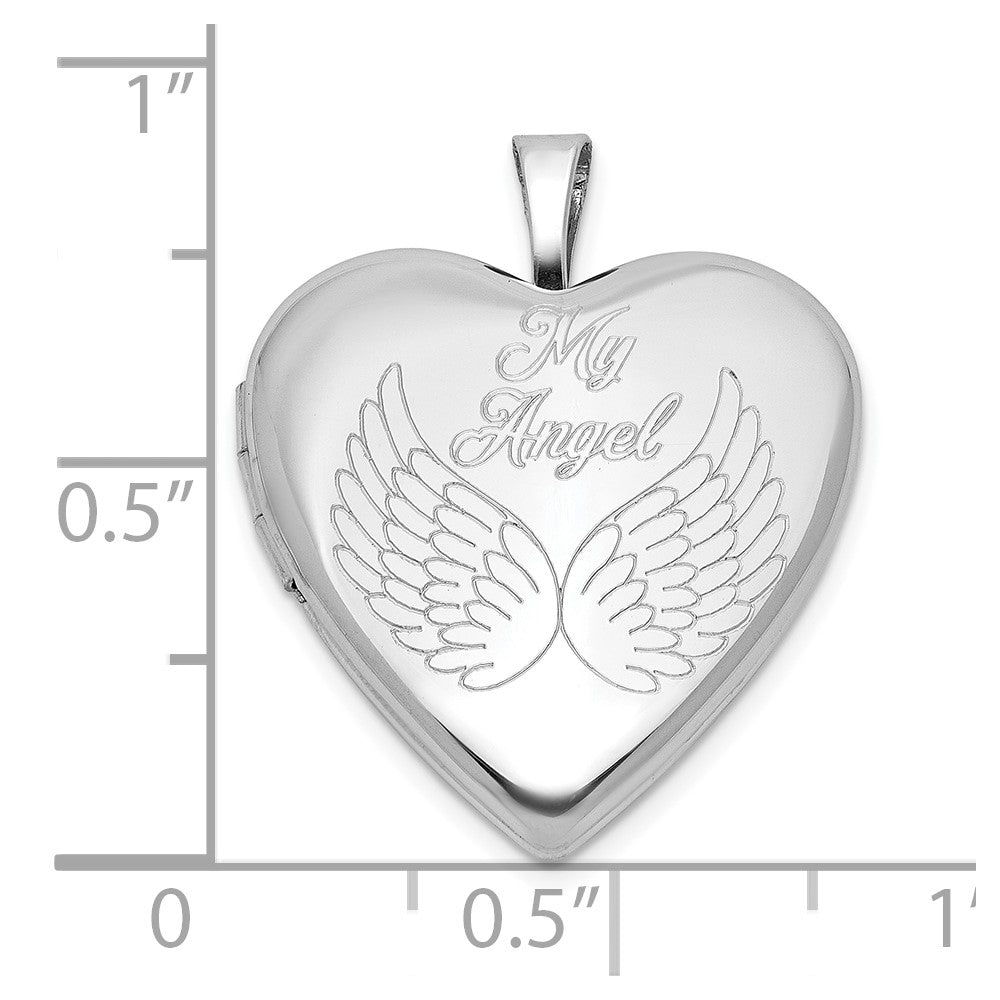 Sterling Silver Rhodium-plated MY ANGEL Angel Wings 20mm Heart Locket
