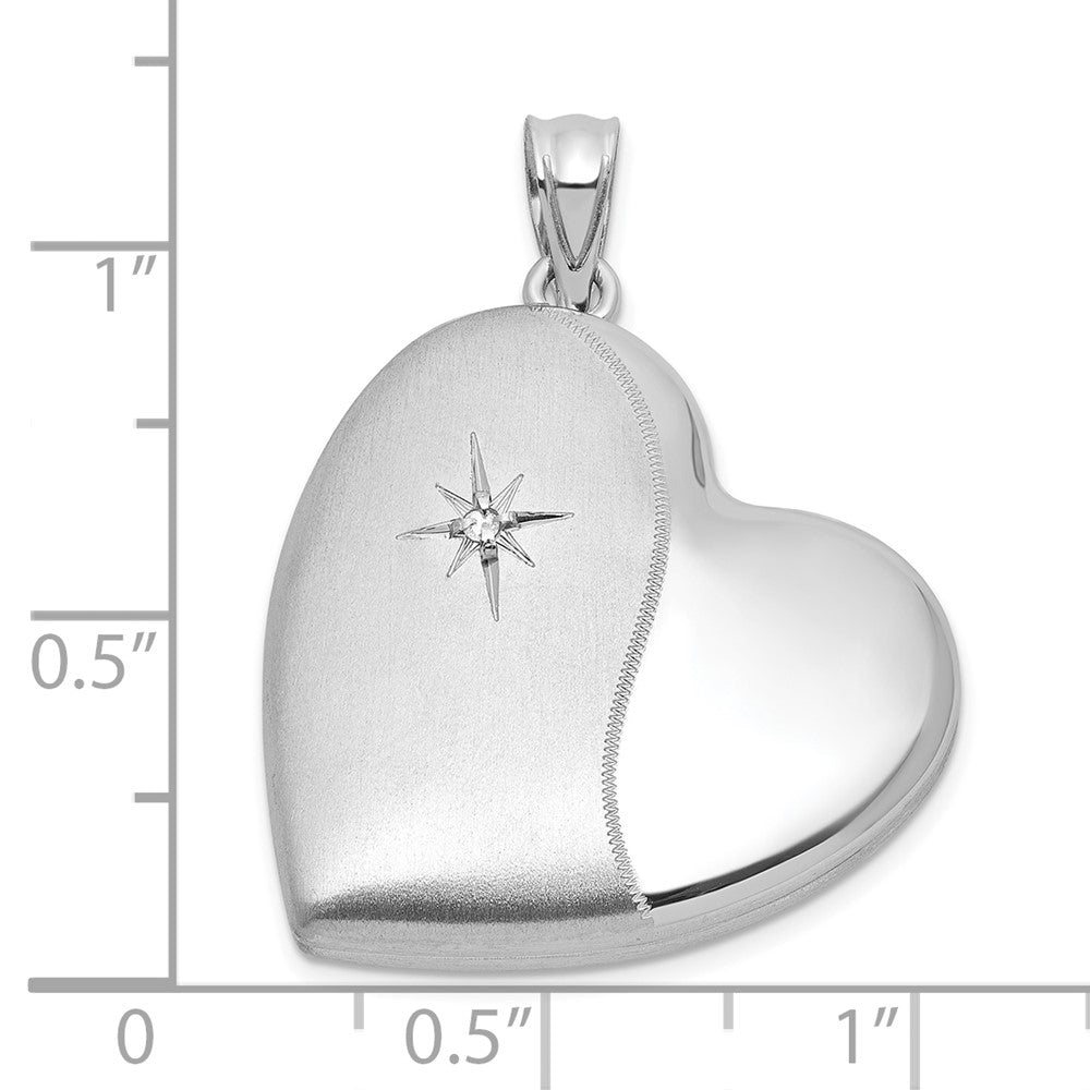 Sterling Silver RH-pl Brushed And Polished Diamond 24mm Heart Locket