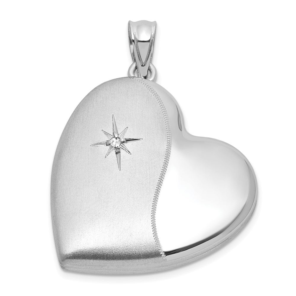 Sterling Silver RH-pl Brushed And Polished Diamond 24mm Heart Locket