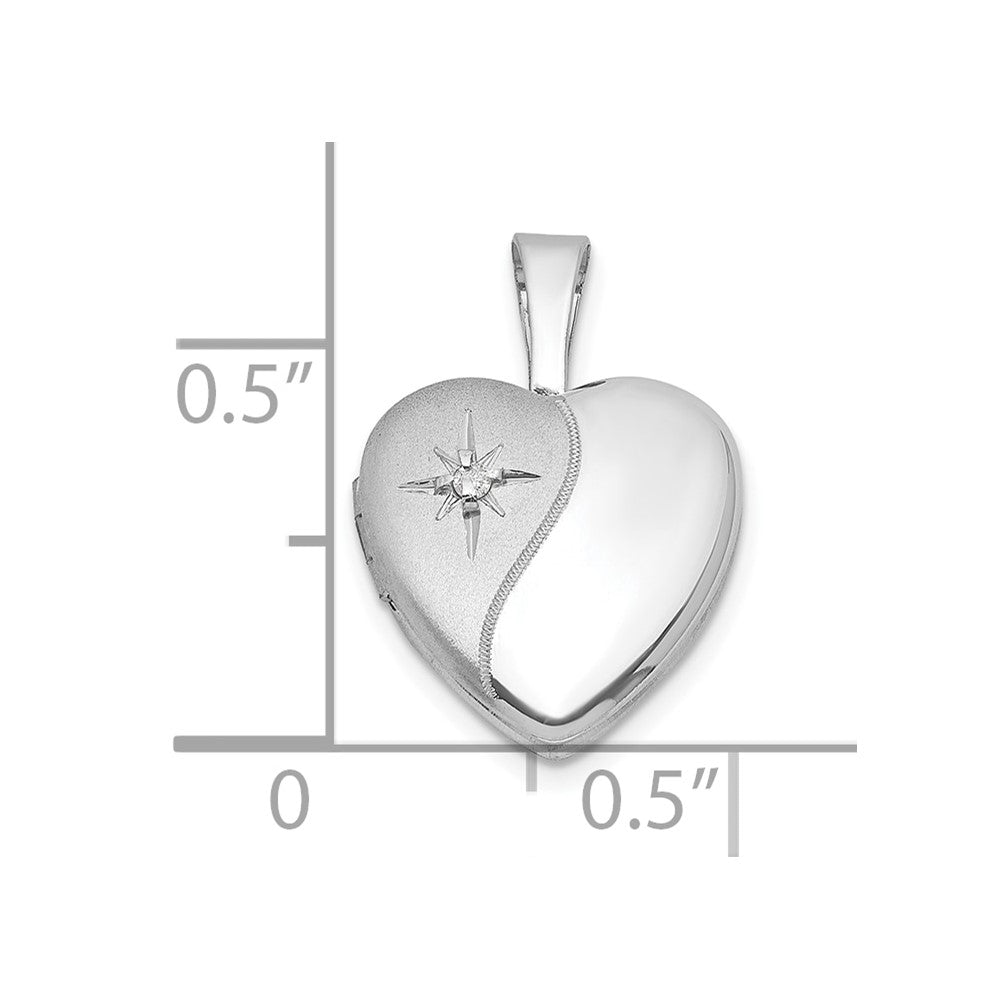 Sterling Silver RH-pl Brushed And Polished Diamond 12mm Heart Locket